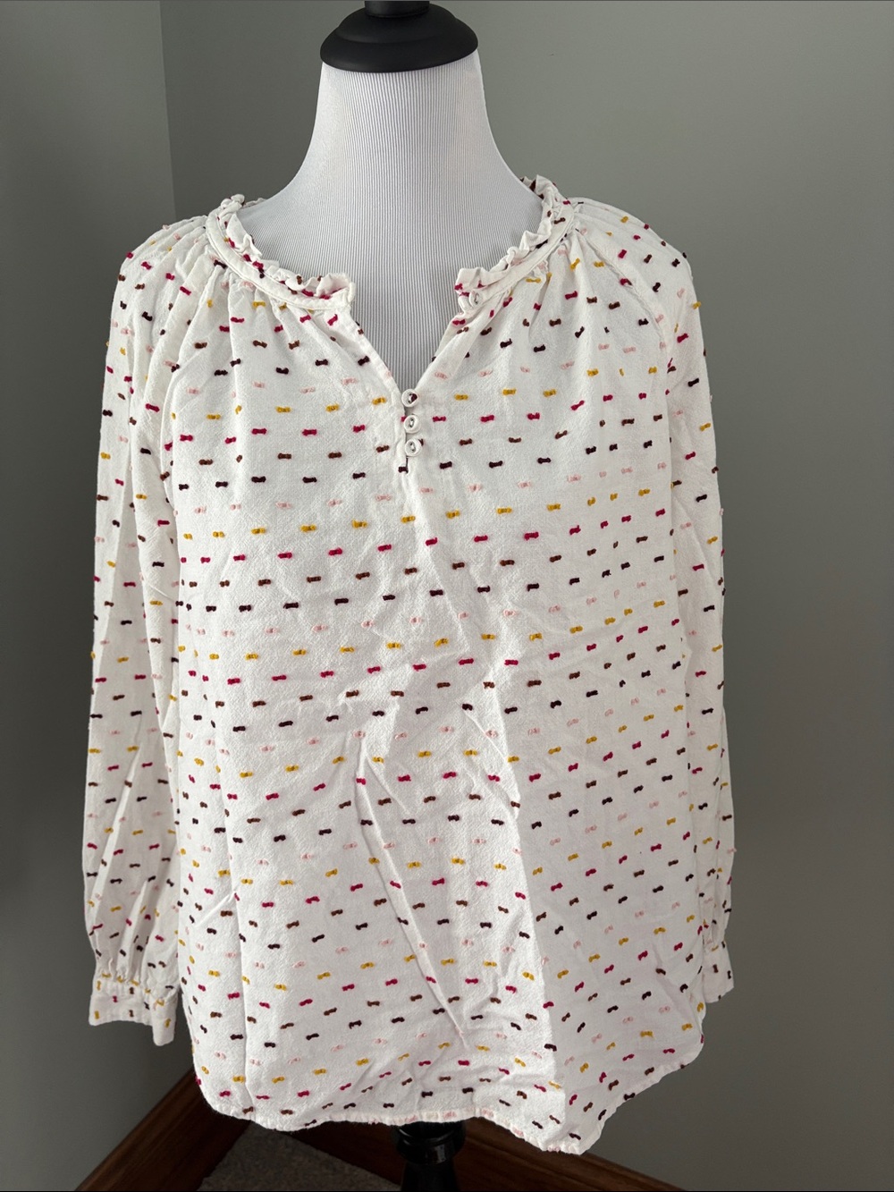 🍦🍁 Cream Swiss dot cotton blouse with burgundy, mustard, and pink embroidery